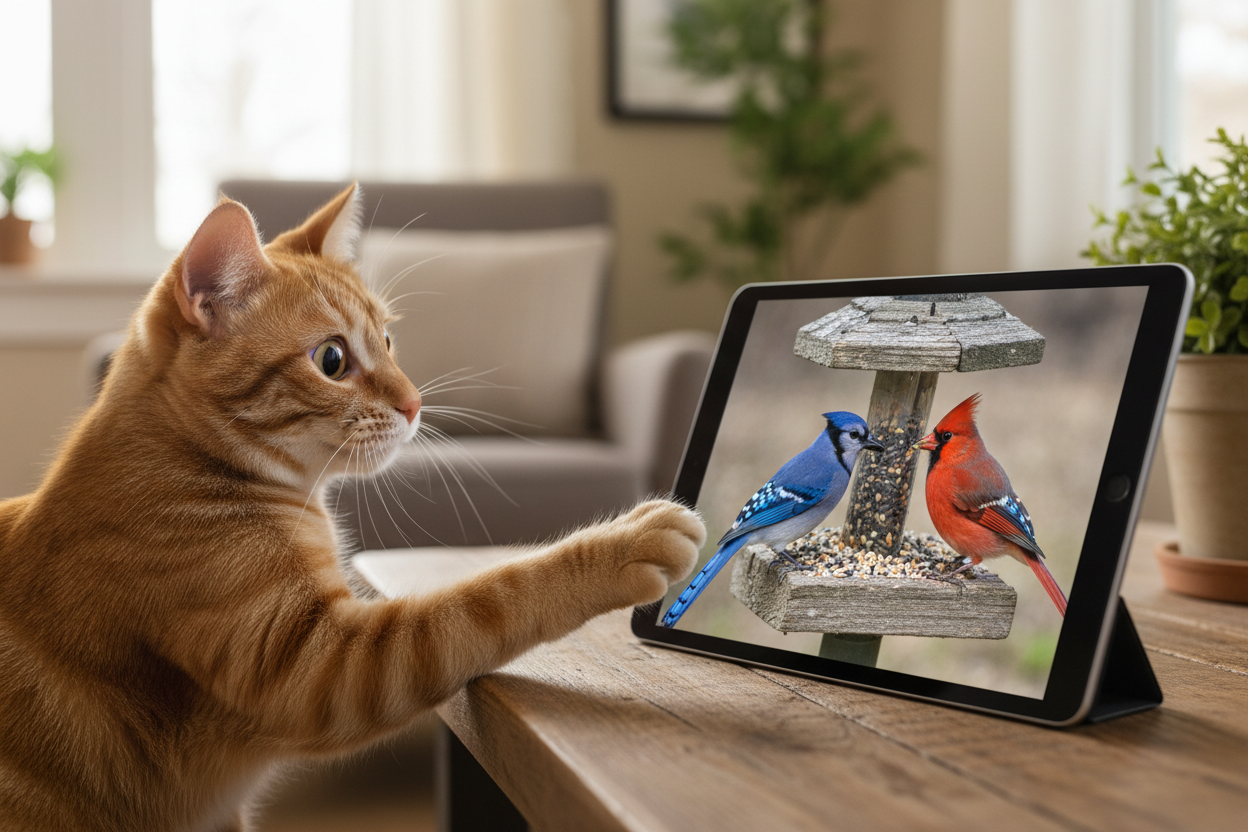 Cat watching bird video on tablet - Premium Cat Entertainment Collection